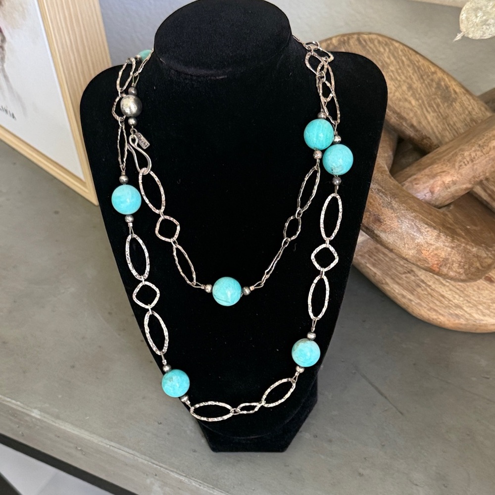 Long Turquoise Bead Silver-Link Necklace for Women